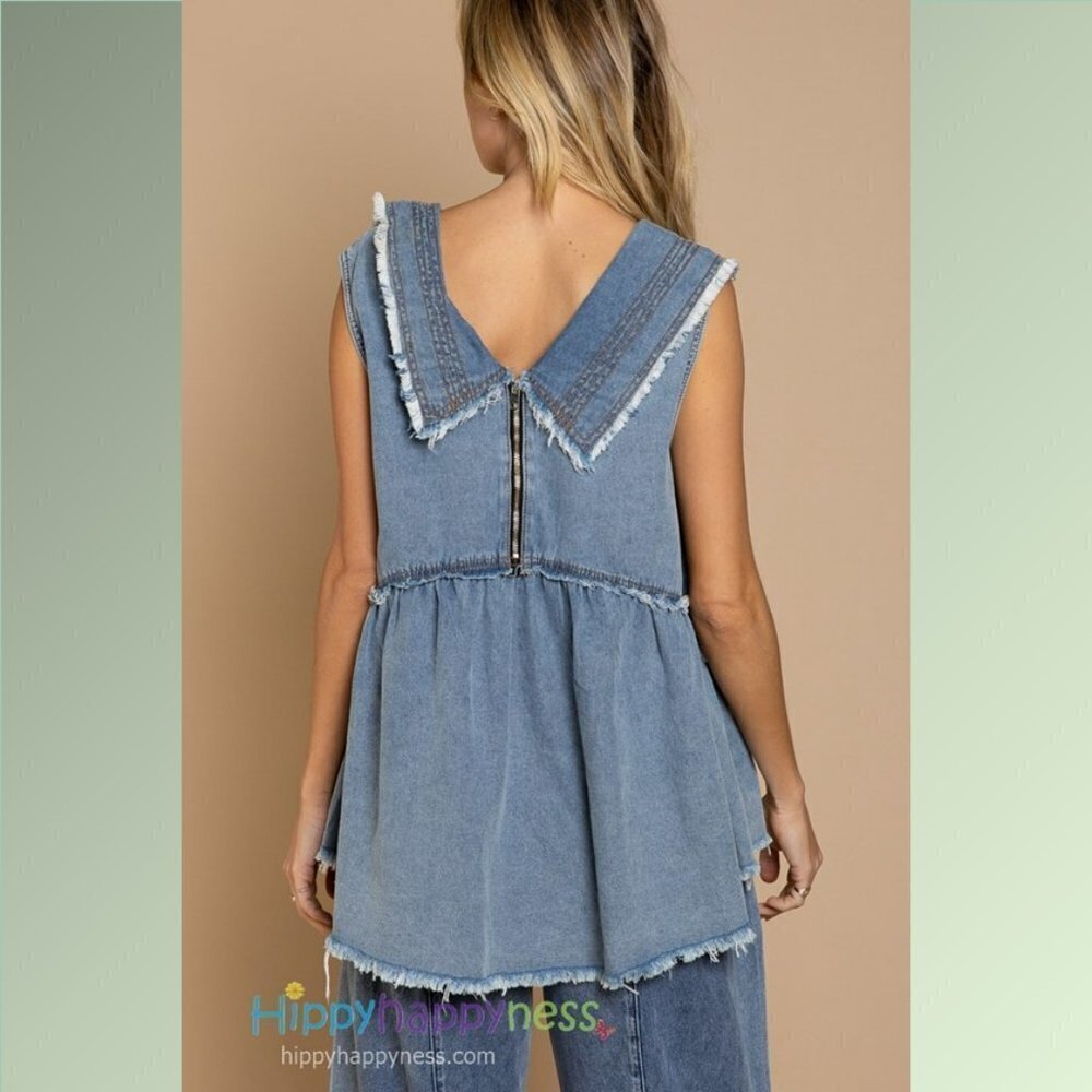 New POL Top Denim Babydoll Sleeveless Tank Plus Size Raw Edge Distressed NWT - Picture 7 of 8